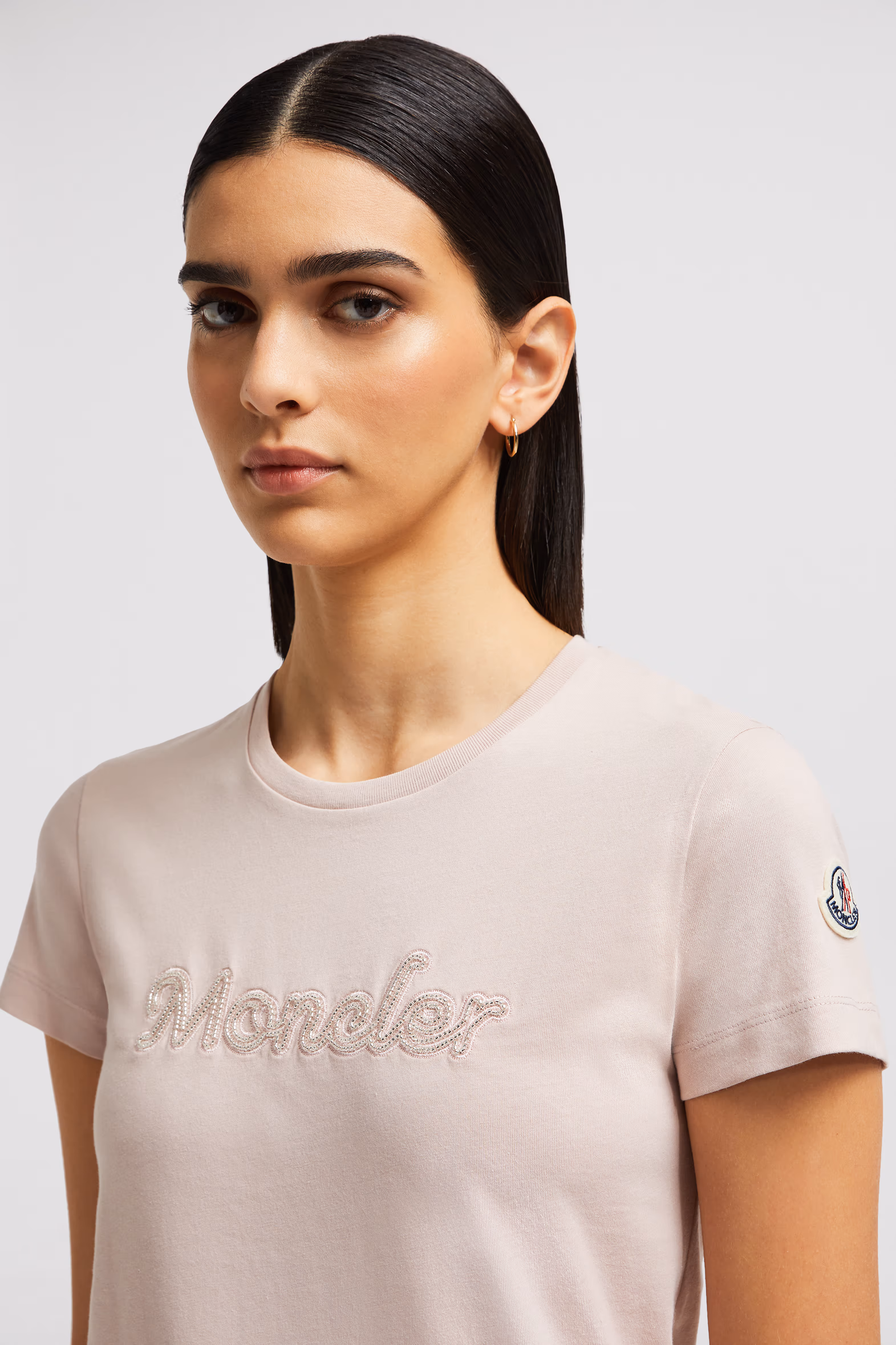 Pearl-Embroidered Logo Cotton T-Shirt Women Light Pink Moncler 4